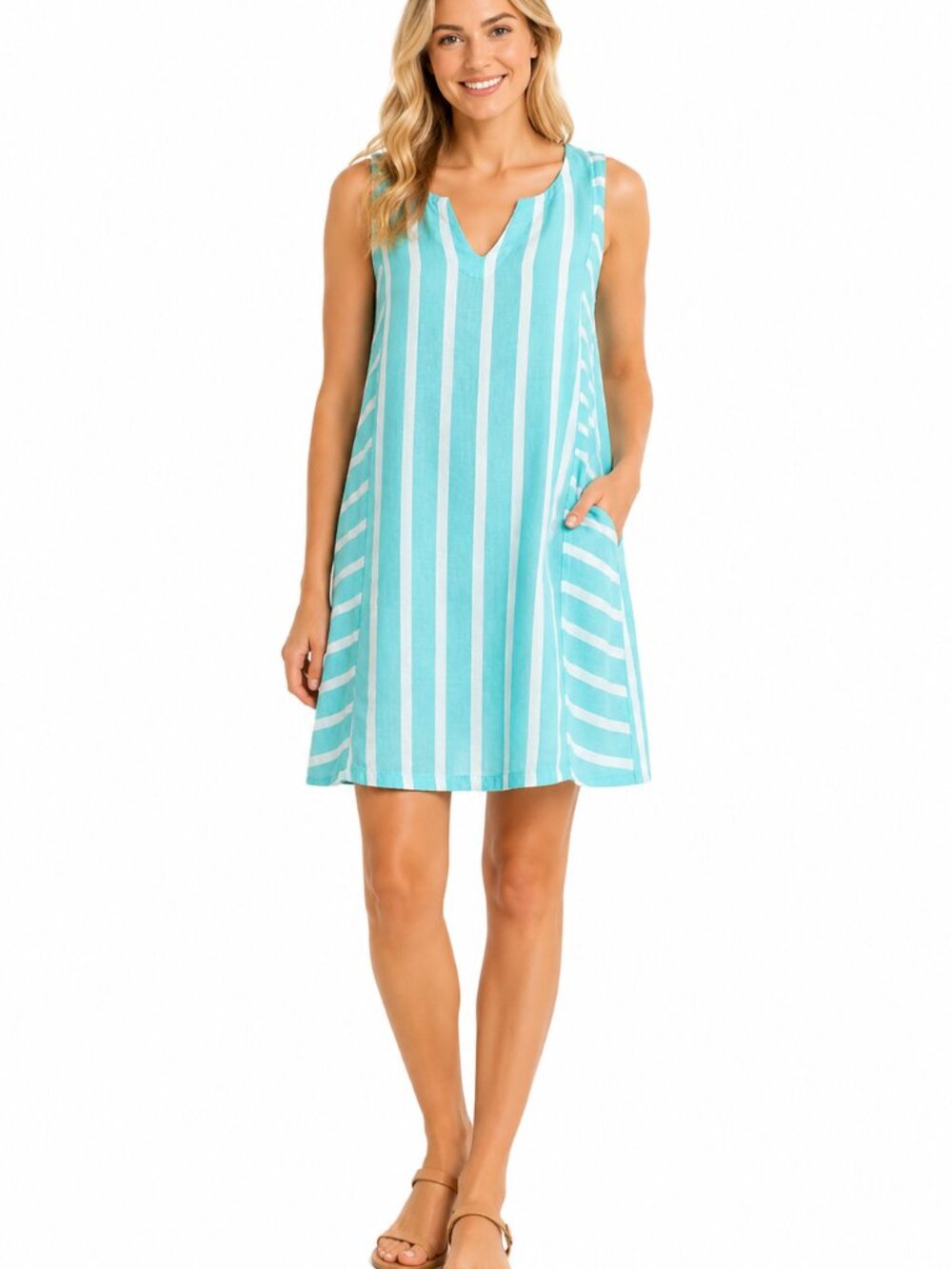 Sigrid Olsen Women's Mint Green Striped Linen Sleeveless Shift Dress